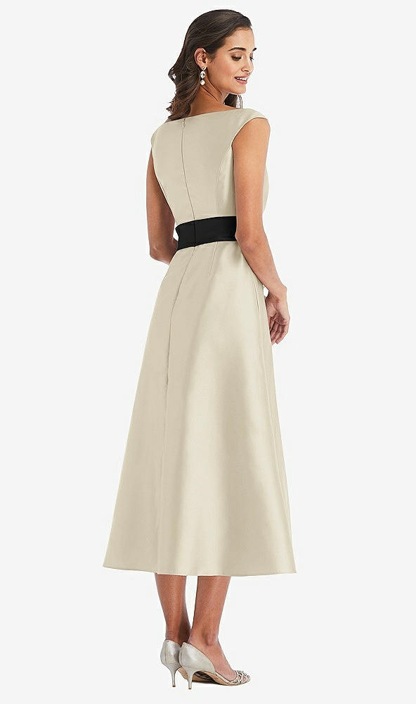 Back View - Champagne & Black Off-the-Shoulder Bow-Waist Midi Dress with Pockets