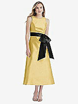 Front View Thumbnail - Maize & Black High-Neck Bow-Waist Midi Dress with Pockets