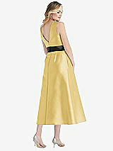 Rear View Thumbnail - Maize & Black High-Neck Bow-Waist Midi Dress with Pockets