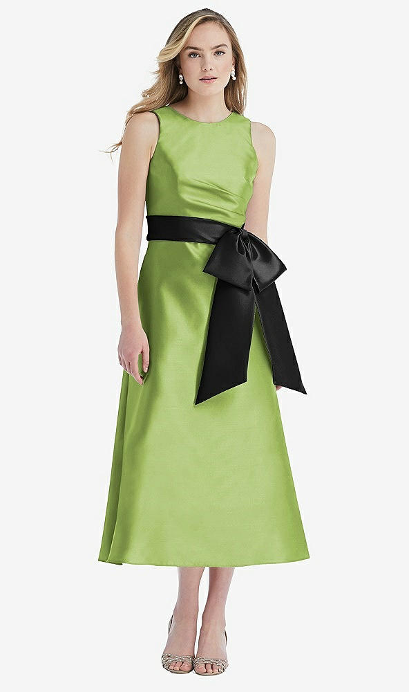 Front View - Mojito & Black High-Neck Bow-Waist Midi Dress with Pockets