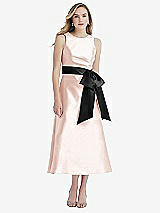 Front View Thumbnail - Blush & Black High-Neck Bow-Waist Midi Dress with Pockets