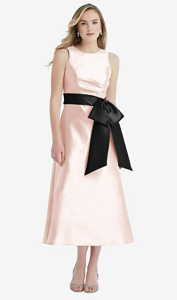 Front View - Blush & Black High-Neck Bow-Waist Midi Dress with Pockets