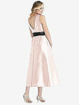 Rear View Thumbnail - Blush & Black High-Neck Bow-Waist Midi Dress with Pockets