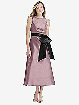 Front View Thumbnail - Dusty Rose & Black High-Neck Bow-Waist Midi Dress with Pockets