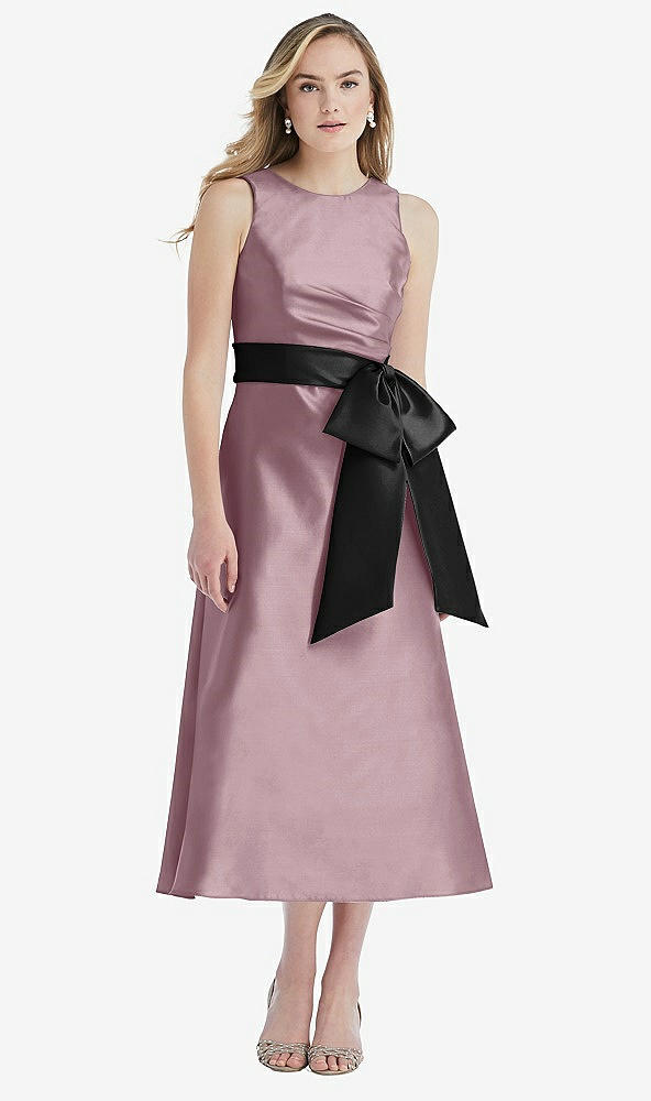 Front View - Dusty Rose & Black High-Neck Bow-Waist Midi Dress with Pockets