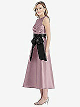 Side View Thumbnail - Dusty Rose & Black High-Neck Bow-Waist Midi Dress with Pockets