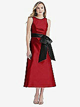 Front View Thumbnail - Garnet & Black High-Neck Bow-Waist Midi Dress with Pockets