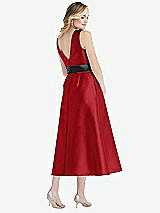Rear View Thumbnail - Garnet & Black High-Neck Bow-Waist Midi Dress with Pockets