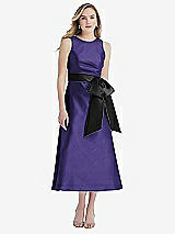 Front View Thumbnail - Grape & Black High-Neck Bow-Waist Midi Dress with Pockets