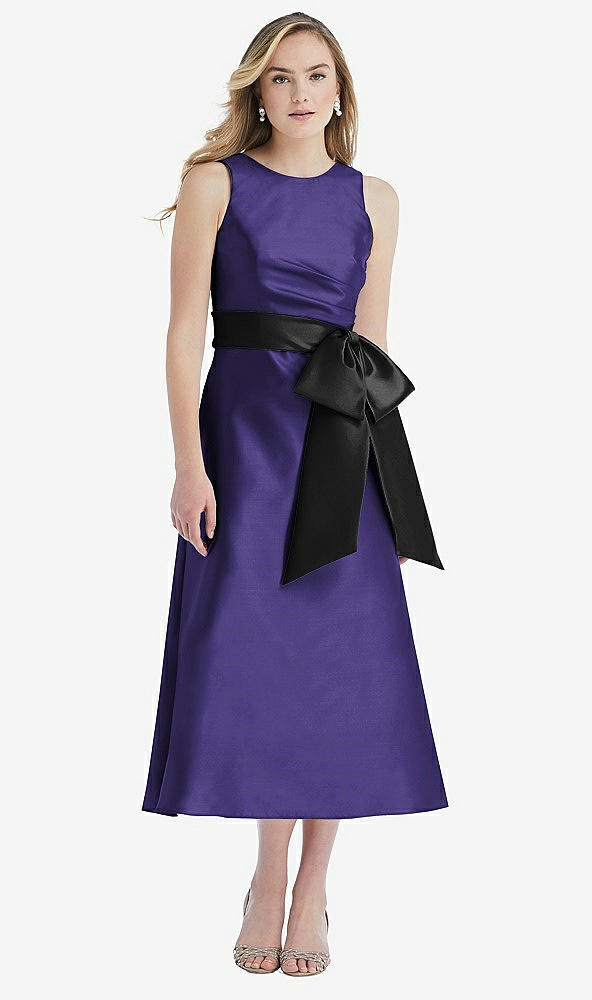 Front View - Grape & Black High-Neck Bow-Waist Midi Dress with Pockets