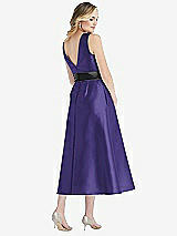 Rear View Thumbnail - Grape & Black High-Neck Bow-Waist Midi Dress with Pockets
