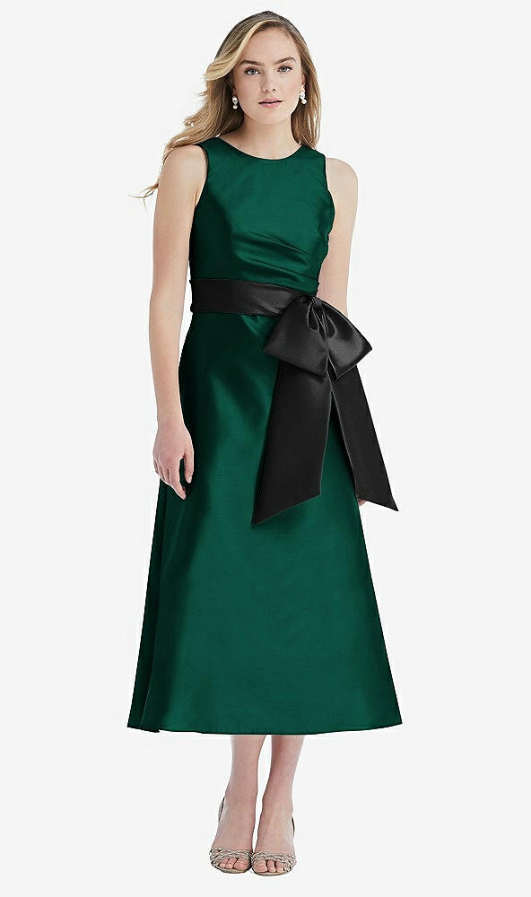 Front View - Hunter Green & Black High-Neck Bow-Waist Midi Dress with Pockets