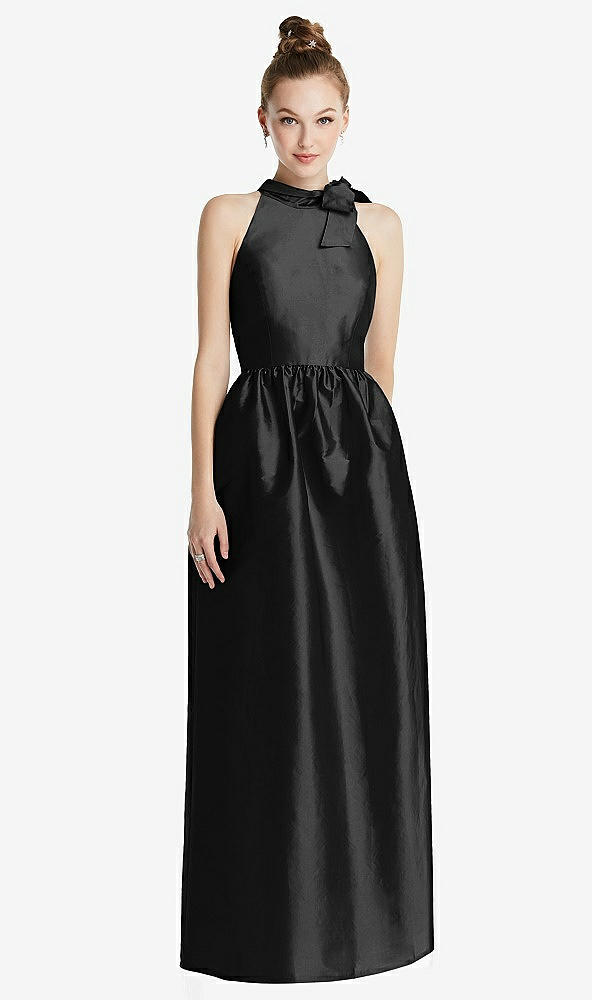 Front View - Black Bowed High-Neck Full Skirt Maxi Dress with Pockets