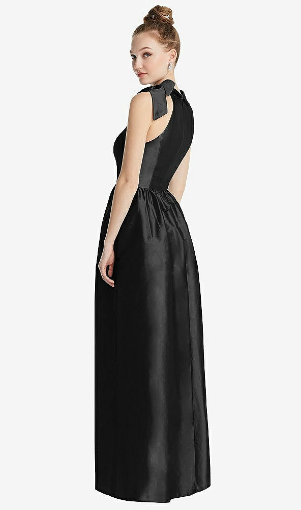 Back View - Black Bowed High-Neck Full Skirt Maxi Dress with Pockets