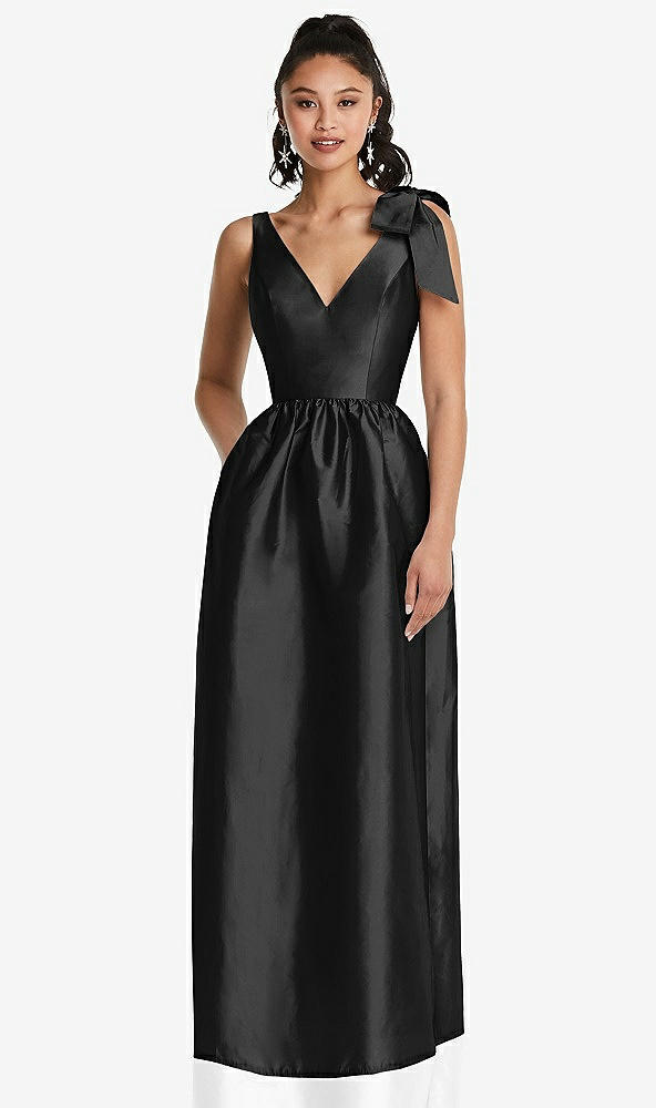 Front View - Black Bowed-Shoulder Full Skirt Maxi Dress with Pockets