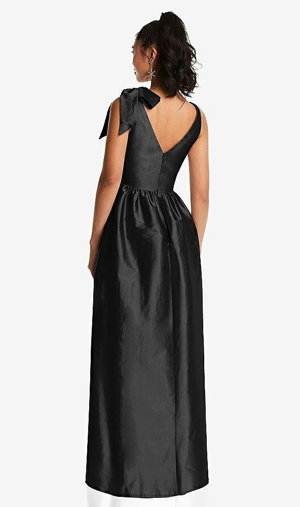 Back View - Black Bowed-Shoulder Full Skirt Maxi Dress with Pockets