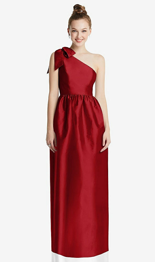 Front View - Garnet Bowed One-Shoulder Full Skirt Maxi Dress with Pockets