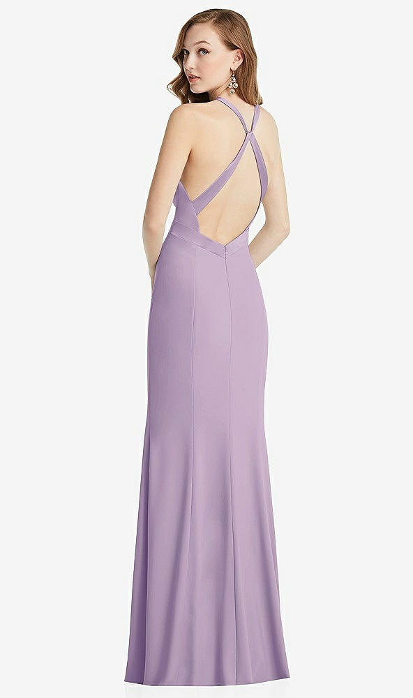 Back View - Pale Purple High-Neck Halter Dress with Twist Criss Cross Back 