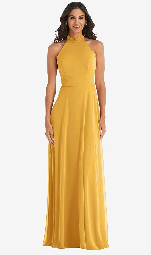 Front View - NYC Yellow High Neck Halter Backless Maxi Dress