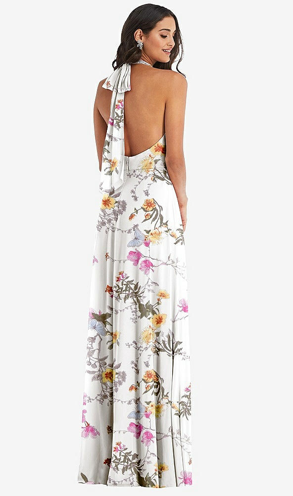 Back View - Butterfly Botanica Ivory High Neck Halter Backless Maxi Dress