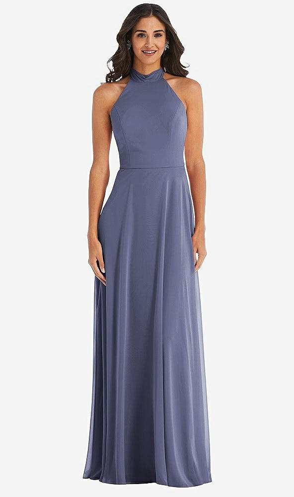 Front View - French Blue High Neck Halter Backless Maxi Dress