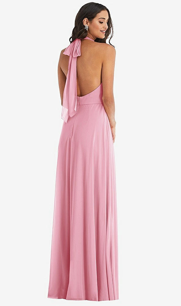 Back View - Peony Pink High Neck Halter Backless Maxi Dress