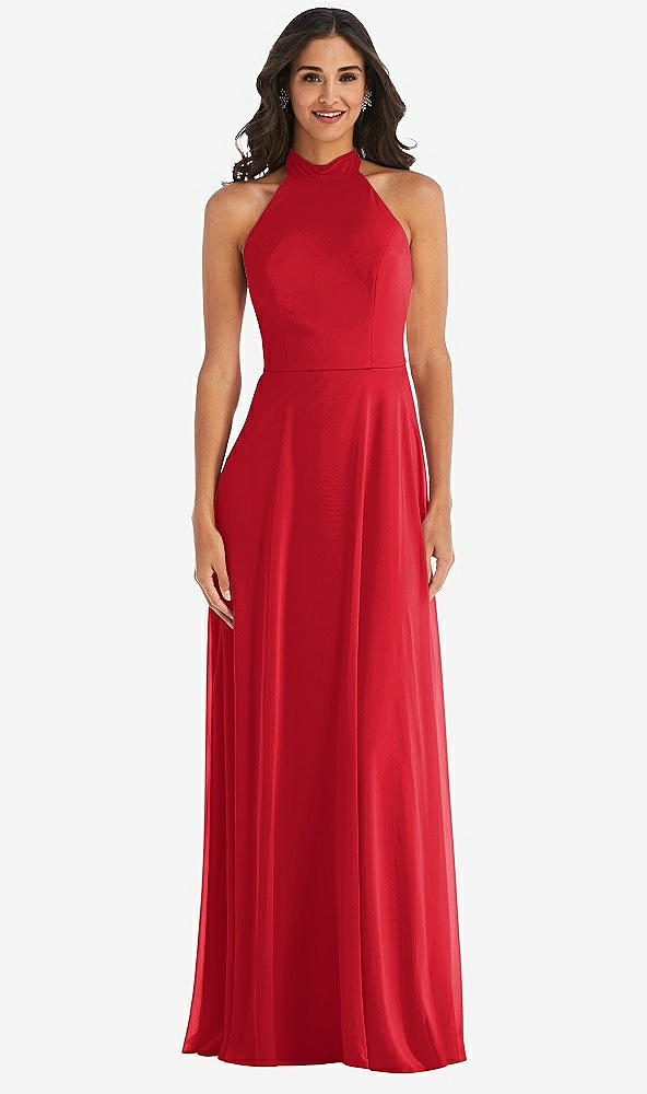 Front View - Parisian Red High Neck Halter Backless Maxi Dress