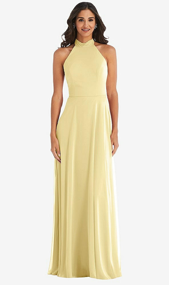 Front View - Pale Yellow High Neck Halter Backless Maxi Dress