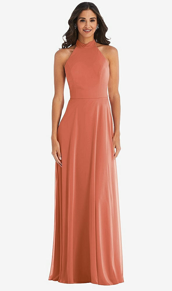 Front View - Terracotta Copper High Neck Halter Backless Maxi Dress