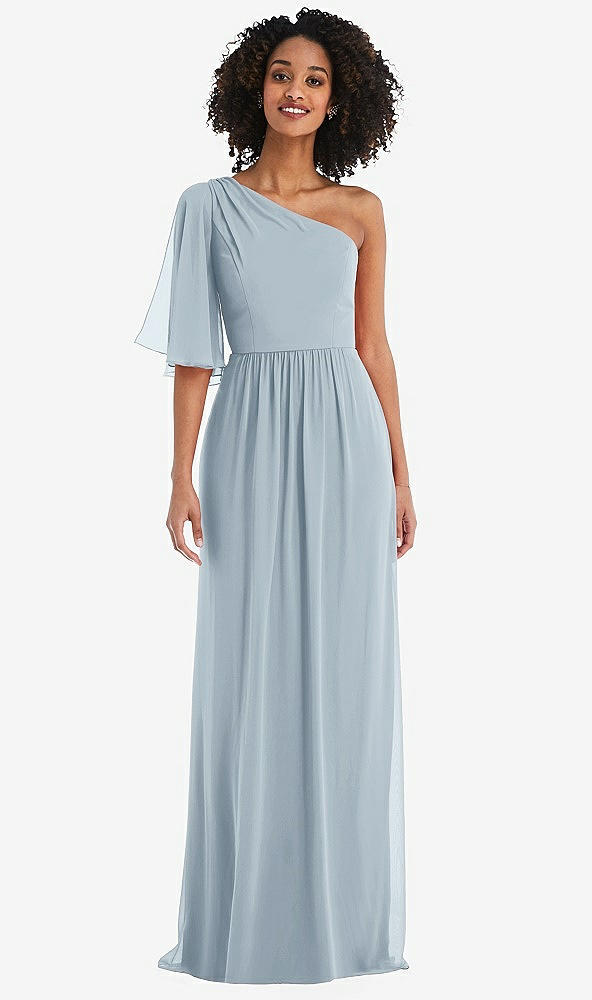 Front View - Mist One-Shoulder Bell Sleeve Chiffon Maxi Dress
