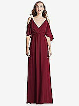 Front View Thumbnail - Burgundy Convertible Cold-Shoulder Draped Wrap Maxi Dress