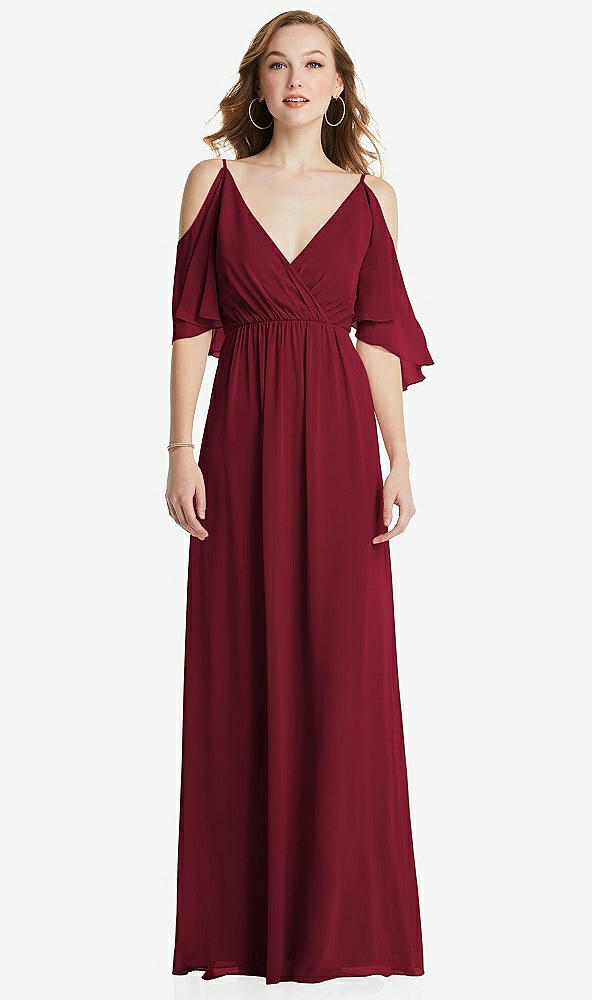 Front View - Burgundy Convertible Cold-Shoulder Draped Wrap Maxi Dress