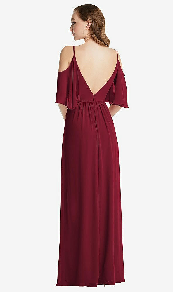 Back View - Burgundy Convertible Cold-Shoulder Draped Wrap Maxi Dress