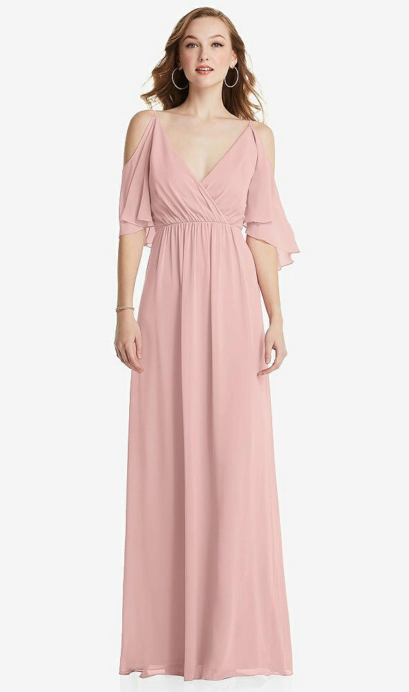 Front View - Rose - PANTONE Rose Quartz Convertible Cold-Shoulder Draped Wrap Maxi Dress