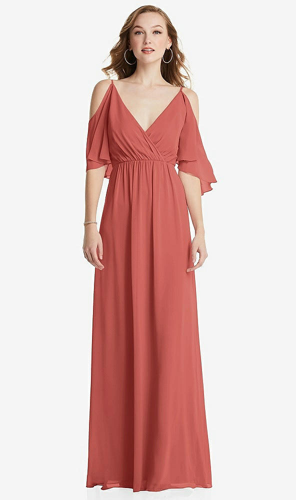 Front View - Coral Pink Convertible Cold-Shoulder Draped Wrap Maxi Dress