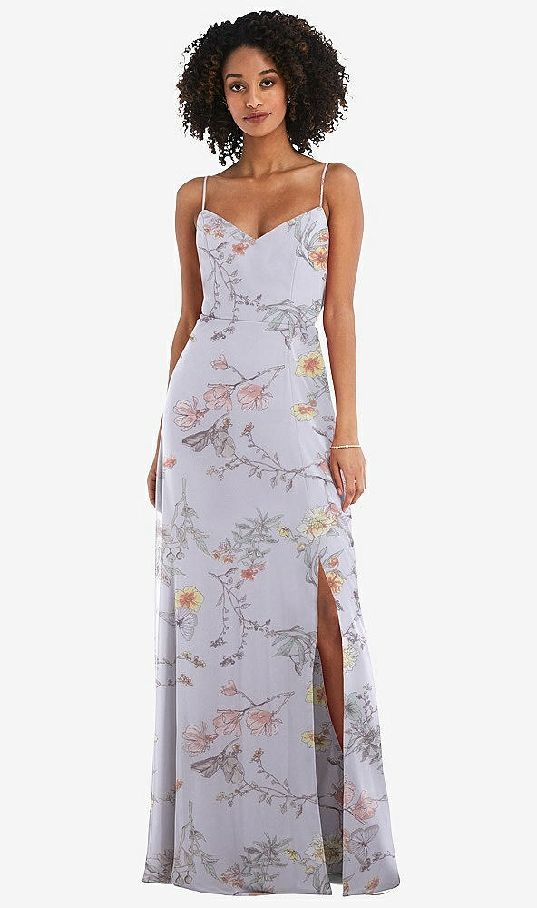 Front View - Butterfly Botanica Silver Dove Tie-Back Cutout Maxi Dress with Front Slit