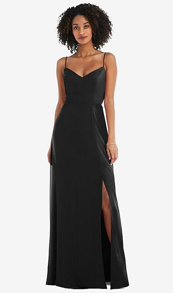 Front View - Black Tie-Back Cutout Maxi Dress with Front Slit