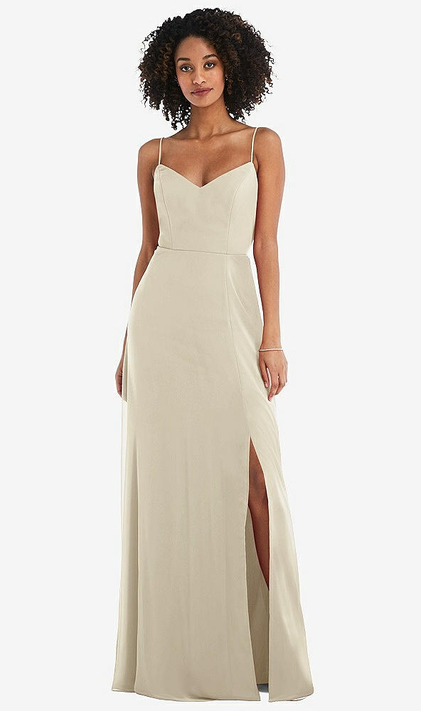 Front View - Champagne Tie-Back Cutout Maxi Dress with Front Slit