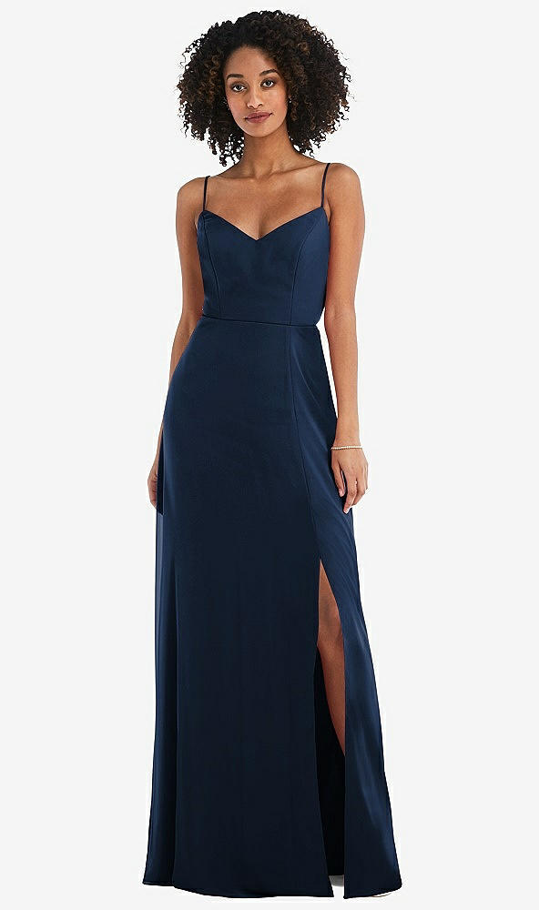 Front View - Midnight Navy Tie-Back Cutout Maxi Dress with Front Slit