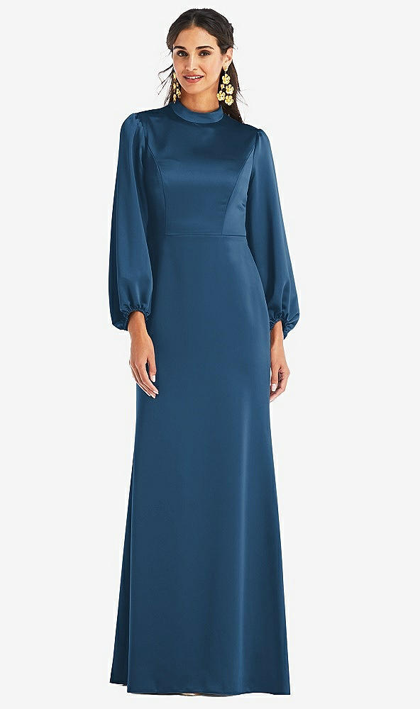 Front View - Dusk Blue High Collar Puff Sleeve Trumpet Gown - Darby