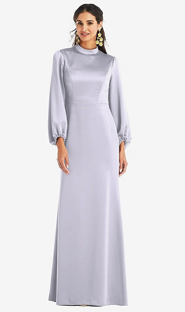 Front View - Silver Dove High Collar Puff Sleeve Trumpet Gown - Darby