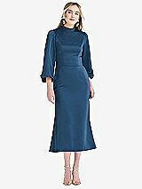 Front View Thumbnail - Dusk Blue High Collar Puff Sleeve Midi Dress - Bronwyn