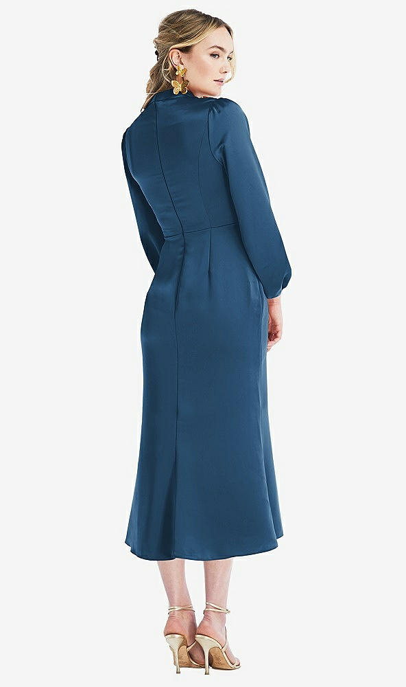 Back View - Dusk Blue High Collar Puff Sleeve Midi Dress - Bronwyn