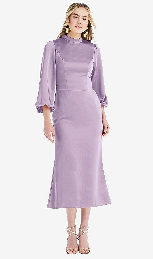 Front View - Pale Purple High Collar Puff Sleeve Midi Dress - Bronwyn