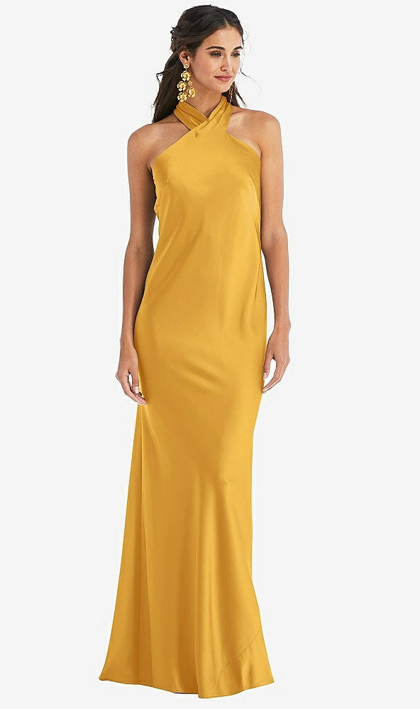 Front View - NYC Yellow Draped Twist Halter Tie-Back Trumpet Gown - Imogen