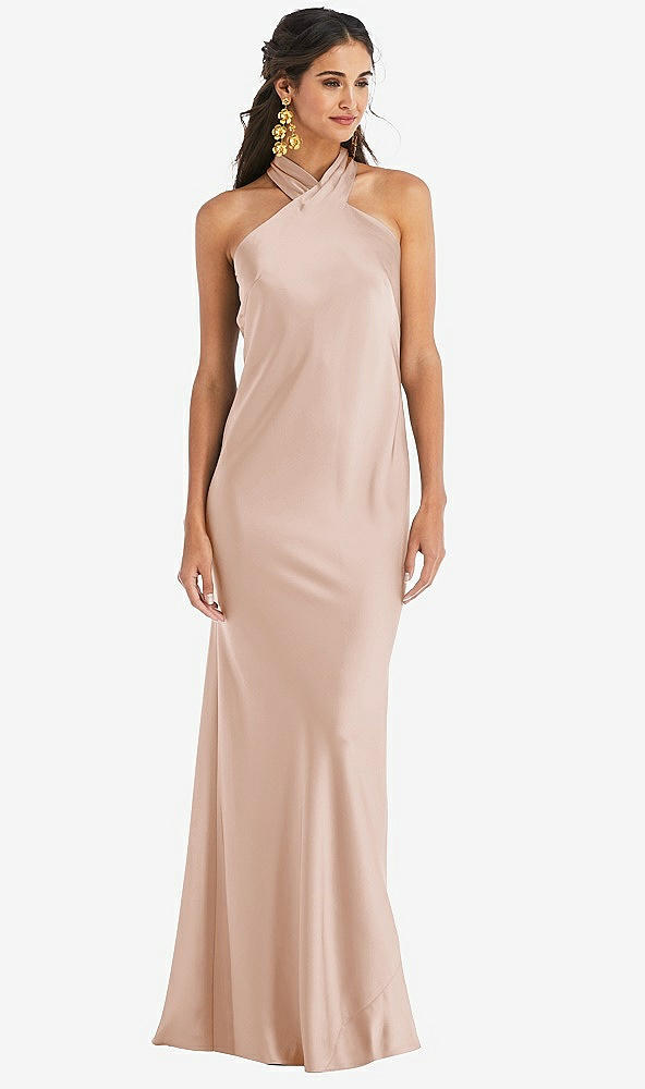 Front View - Cameo Draped Twist Halter Tie-Back Trumpet Gown - Imogen