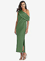 Front View Thumbnail - Vineyard Green Draped One-Shoulder Convertible Midi Slip Dress