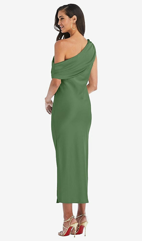 Back View - Vineyard Green Draped One-Shoulder Convertible Midi Slip Dress
