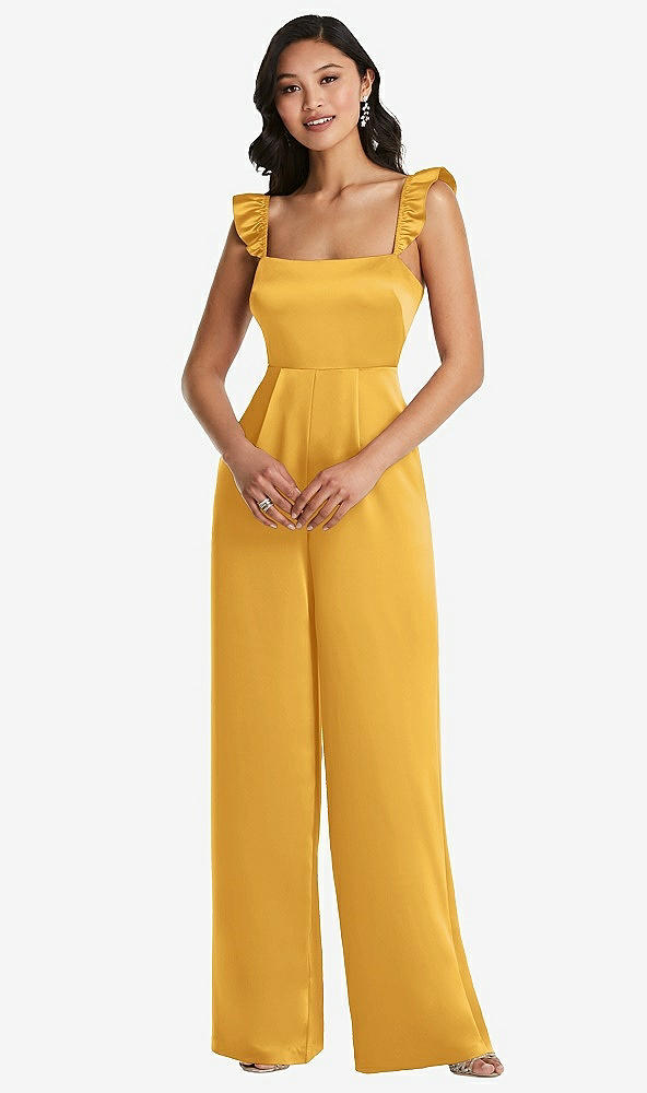 Front View - NYC Yellow Ruffled Sleeve Tie-Back Jumpsuit with Pockets