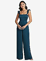 Front View Thumbnail - Atlantic Blue Ruffled Sleeve Tie-Back Jumpsuit with Pockets
